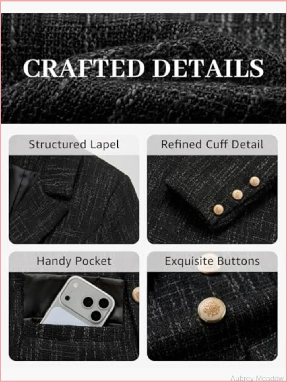 Double Breasted Tweed Blazer with Pockets Long Sleeve Office Jacket